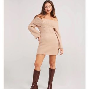 Tan Knit Sweater Dress Off the Shoulder Backyard Roses NWT